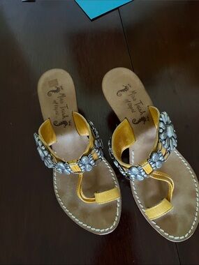 Metal-Embellished Yellow Leather -Toe Ring Sandals by Ms.TRISH OF CAPRI